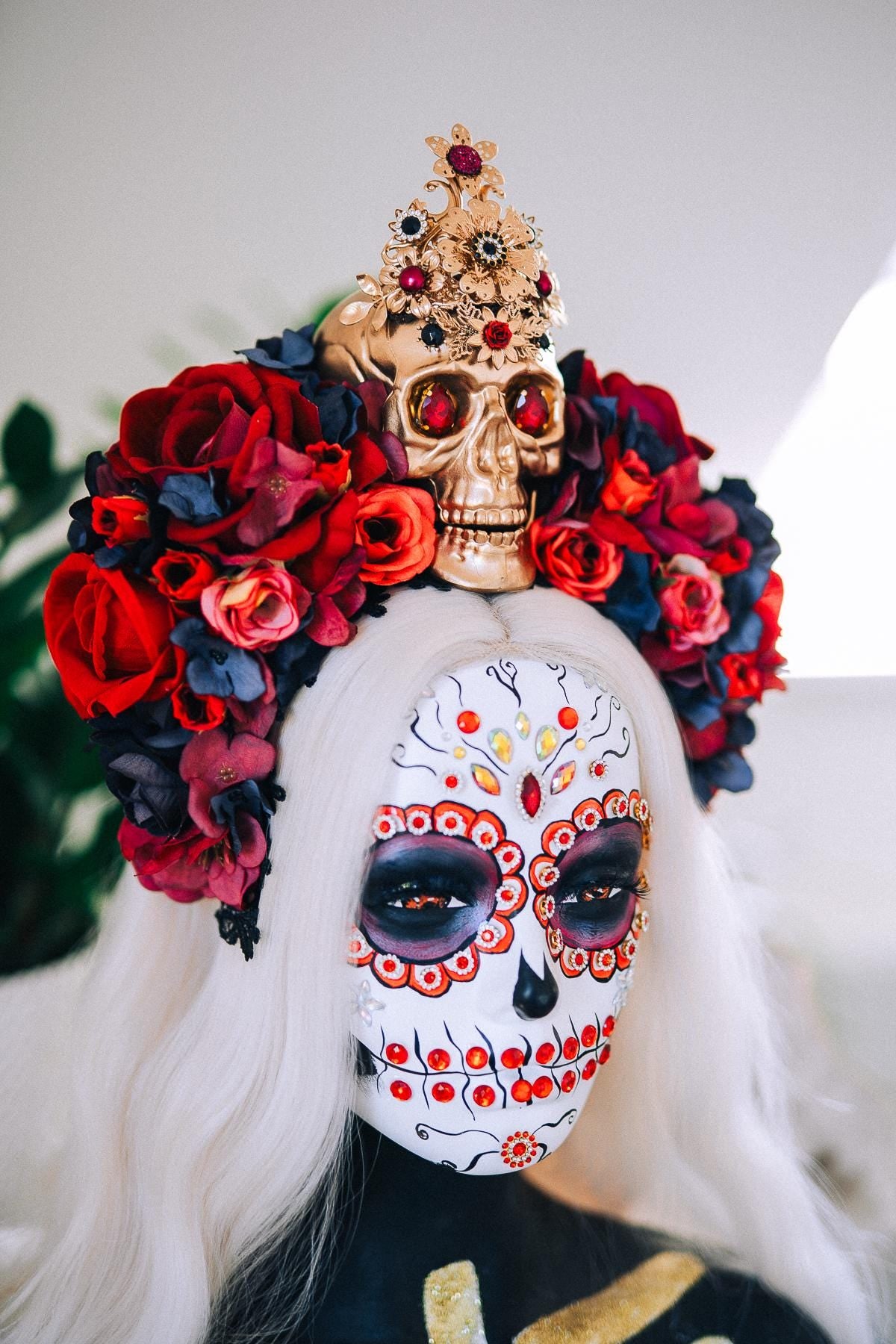 La Catrina Ruby Rose Crown, Día de los Muertos Floral Crown, Sugar Skull Headpiece, Mexican Flower Crown, Luxury Couture Crown