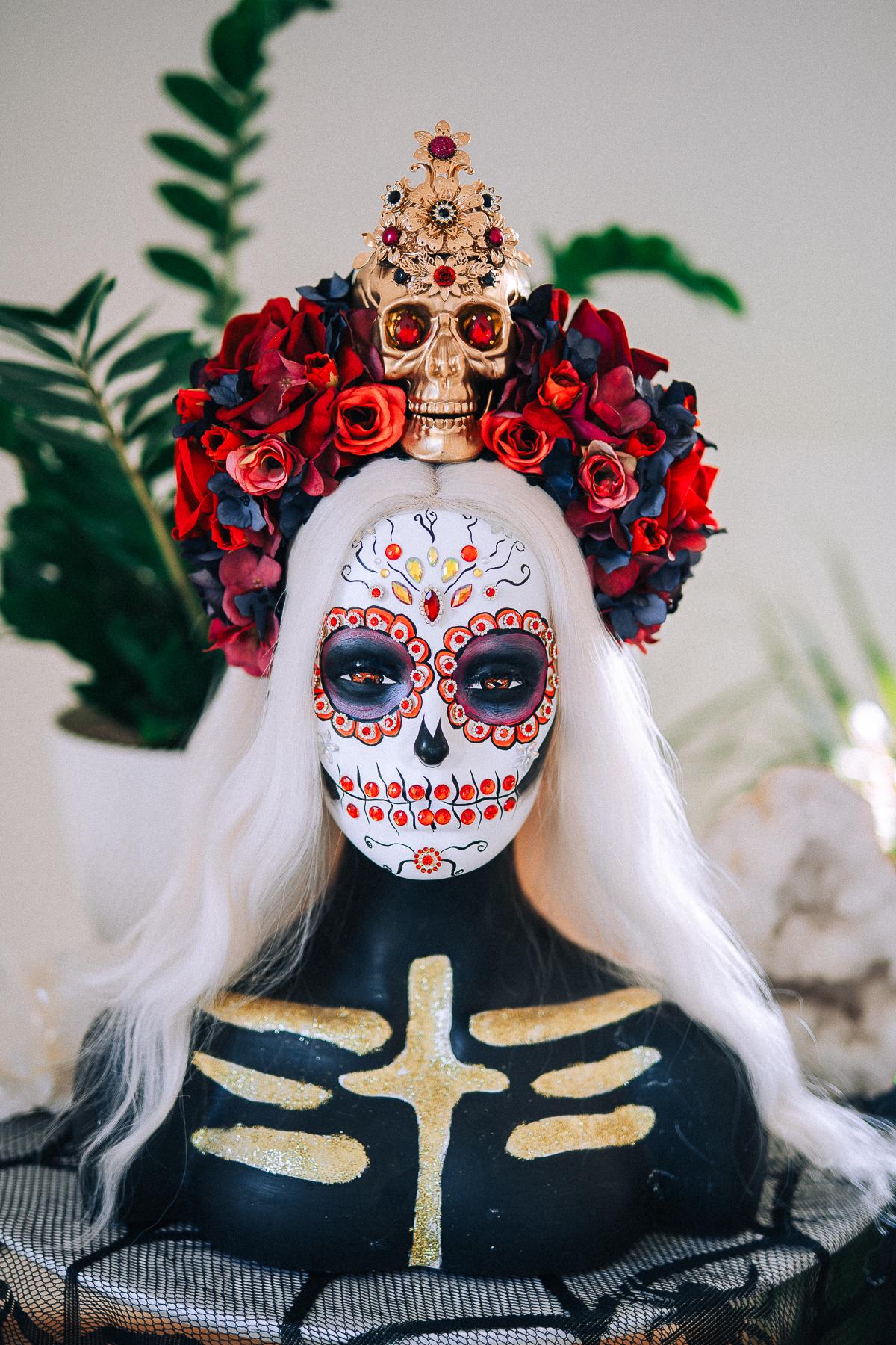 La Catrina Ruby Rose Crown, Día de los Muertos Floral Crown, Sugar Skull Headpiece, Mexican Flower Crown, Luxury Couture Crown