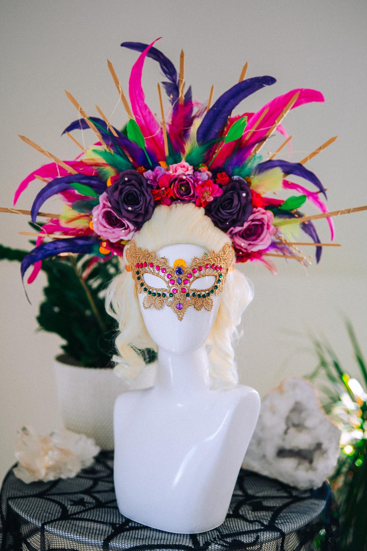 LED Feather Halo Crown, Mardi Gras Headpiece, Light Up Halo Crown, Carnival Crown, Feather Festival Crown, Couture Halo Headpiece