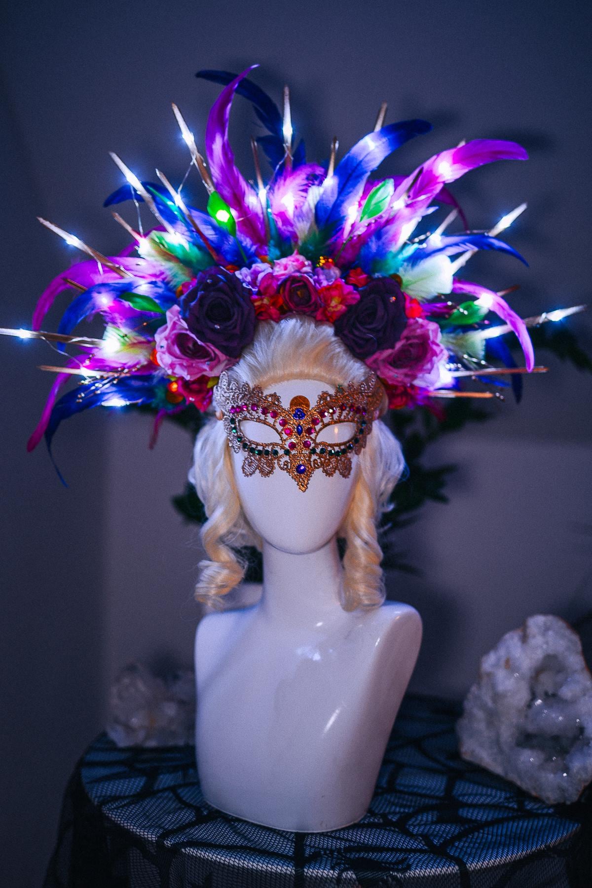 LED Feather Halo Crown, Mardi Gras Headpiece, Light Up Halo Crown, Carnival Crown, Feather Festival Crown, Couture Halo Headpiece