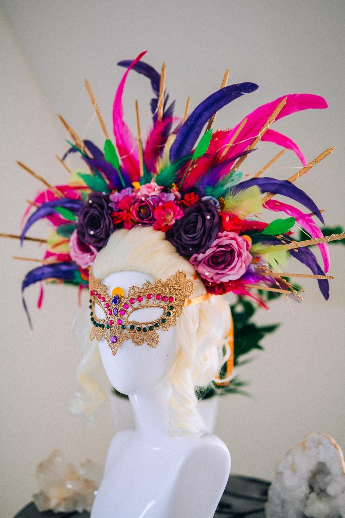 LED Feather Halo Crown, Mardi Gras Headpiece, Light Up Halo Crown, Carnival Crown, Feather Festival Crown, Couture Halo Headpiece