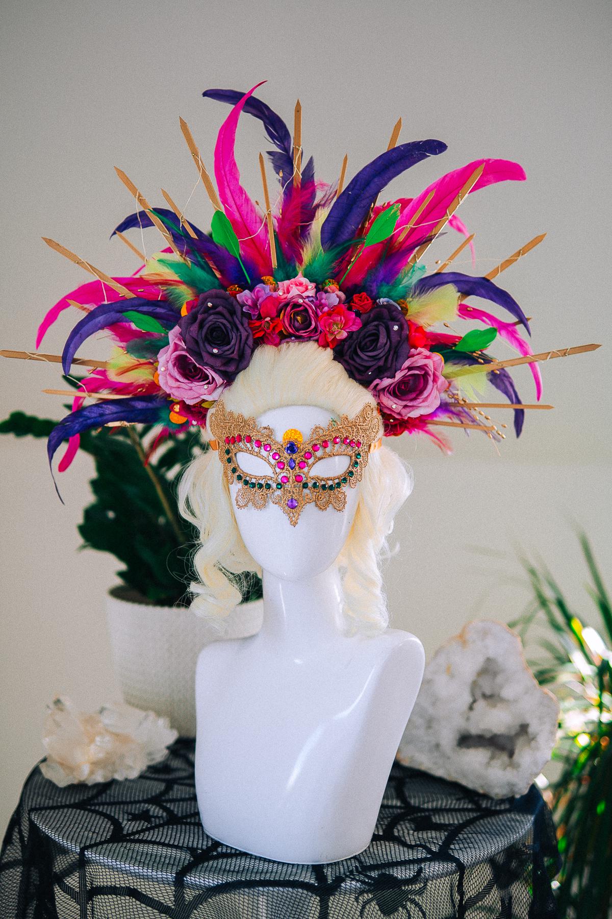 LED Feather Halo Crown, Mardi Gras Headpiece, Light Up Halo Crown, Carnival Crown, Feather Festival Crown, Couture Halo Headpiece
