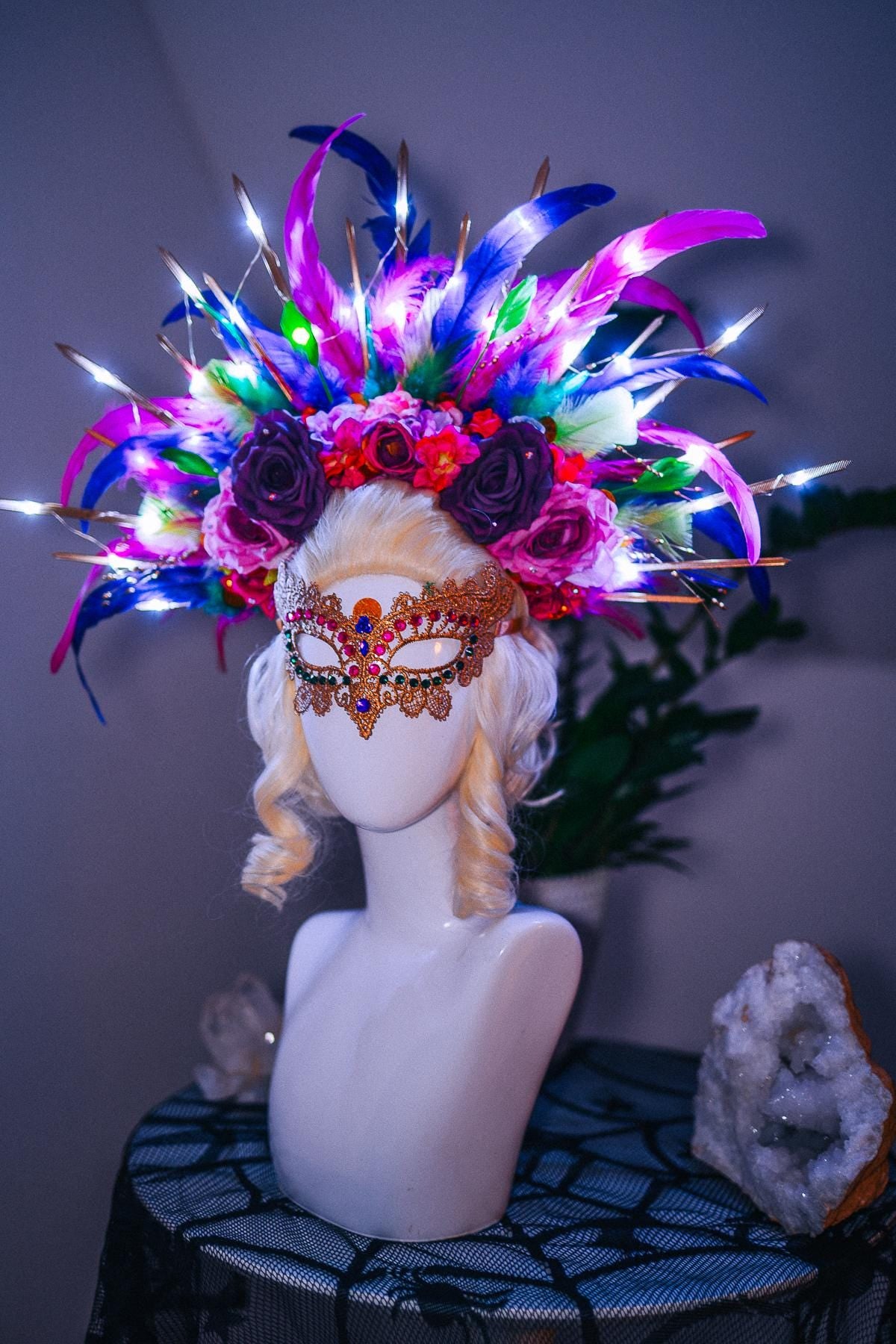 LED Feather Halo Crown, Mardi Gras Headpiece, Light Up Halo Crown, Carnival Crown, Feather Festival Crown, Couture Halo Headpiece