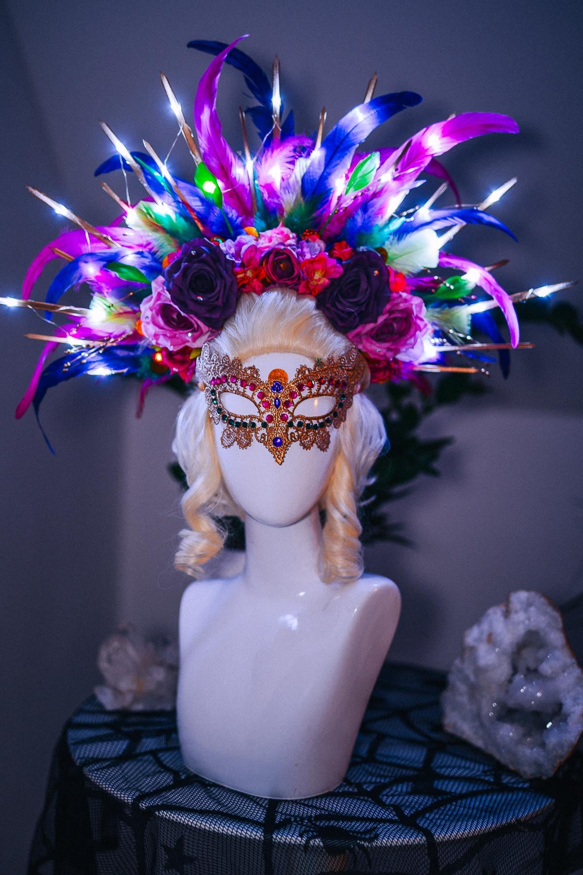LED Feather Halo Crown, Mardi Gras Headpiece, Light Up Halo Crown, Carnival Crown, Feather Festival Crown, Couture Halo Headpiece