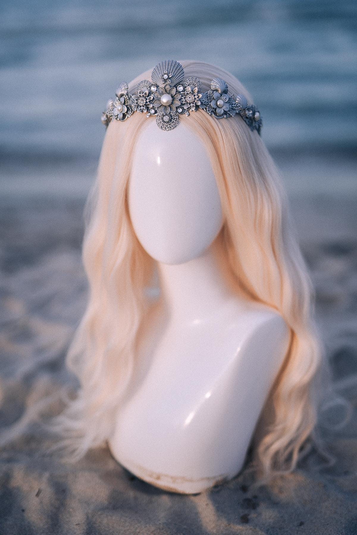Silver Seashell Bridal Tiara Coastal Wedding Crown Pearl Headpiece