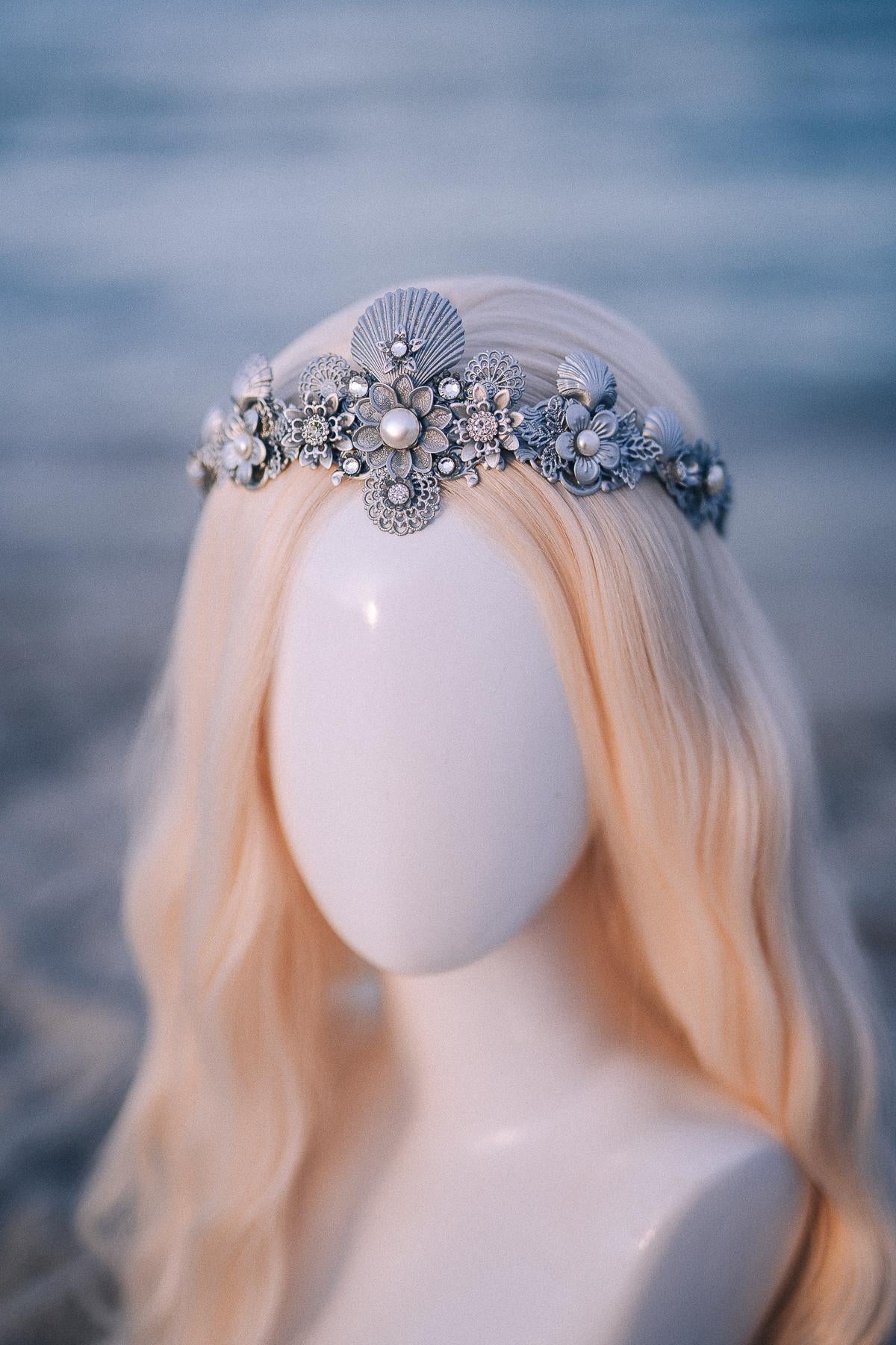 Silver Seashell Bridal Tiara Coastal Wedding Crown Pearl Headpiece