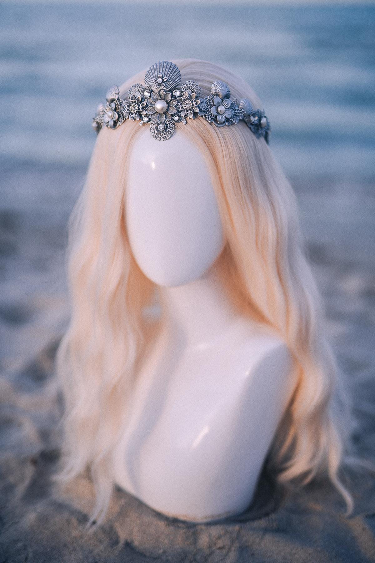Silver Seashell Bridal Tiara Coastal Wedding Crown Pearl Headpiece