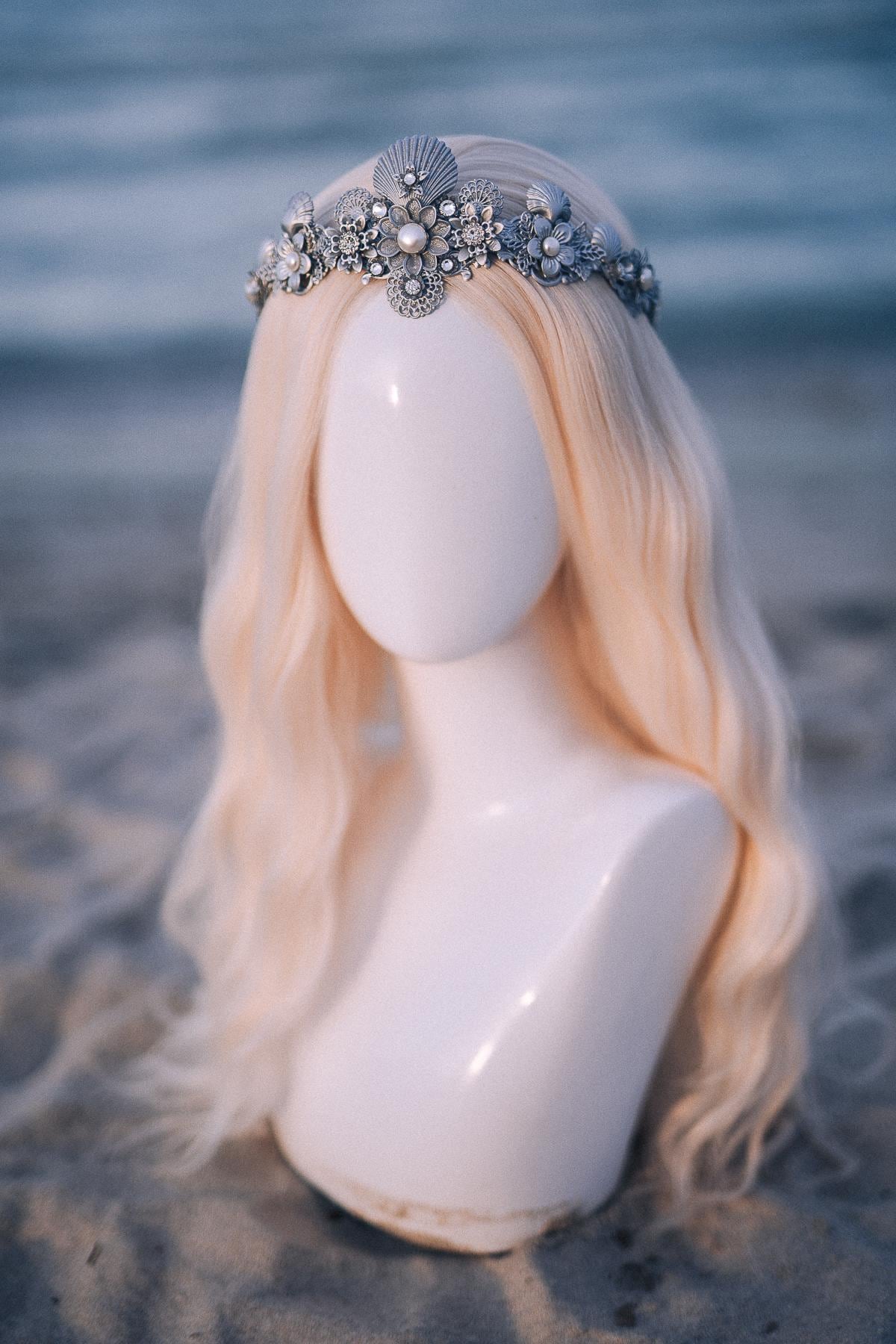 Silver Seashell Bridal Tiara Coastal Wedding Crown Pearl Headpiece