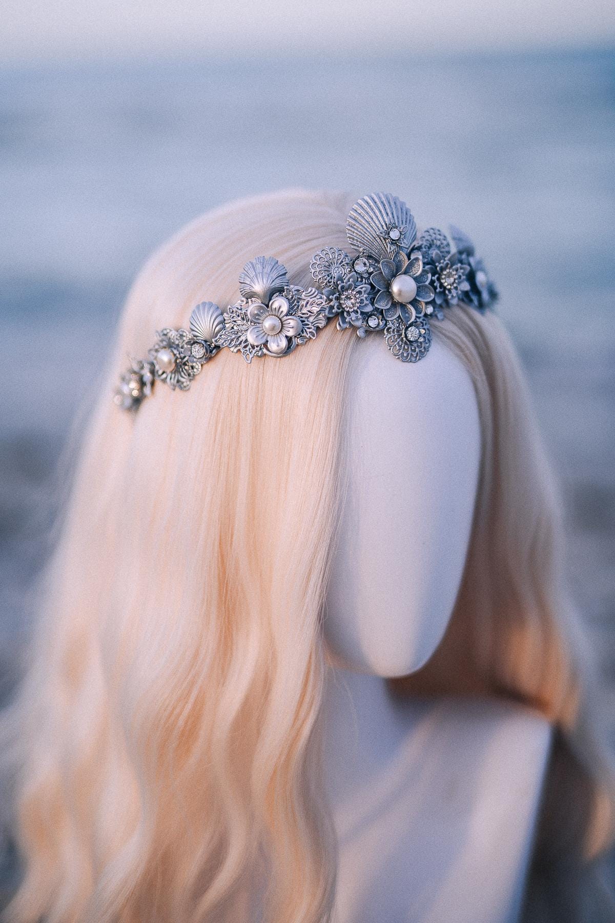 Silver Seashell Bridal Tiara Coastal Wedding Crown Pearl Headpiece