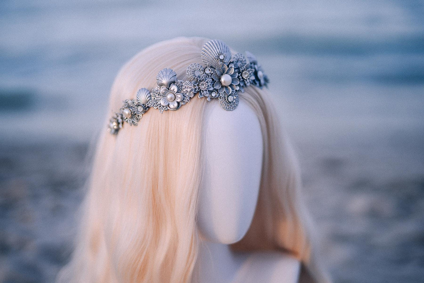 Silver Seashell Bridal Tiara Coastal Wedding Crown Pearl Headpiece