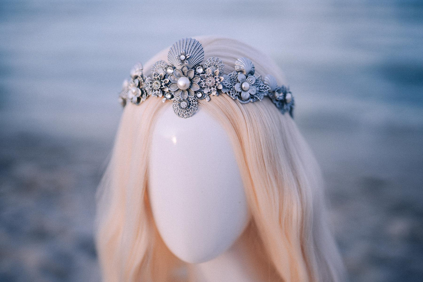 Silver Seashell Bridal Tiara Coastal Wedding Crown Pearl Headpiece