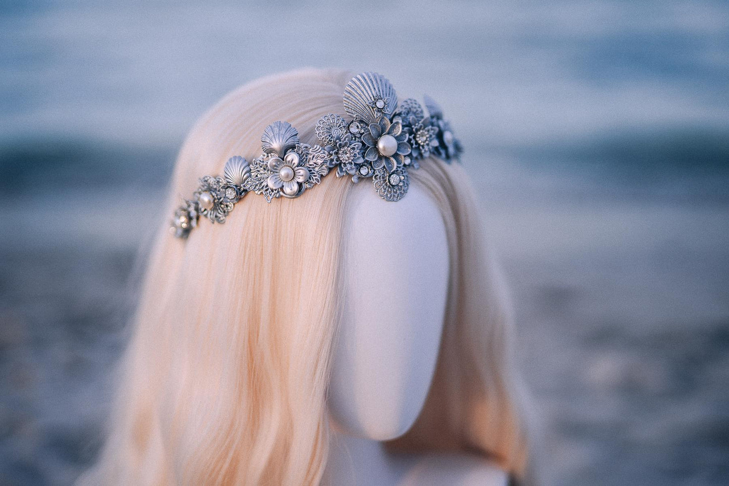 Silver Seashell Bridal Tiara Coastal Wedding Crown Pearl Headpiece