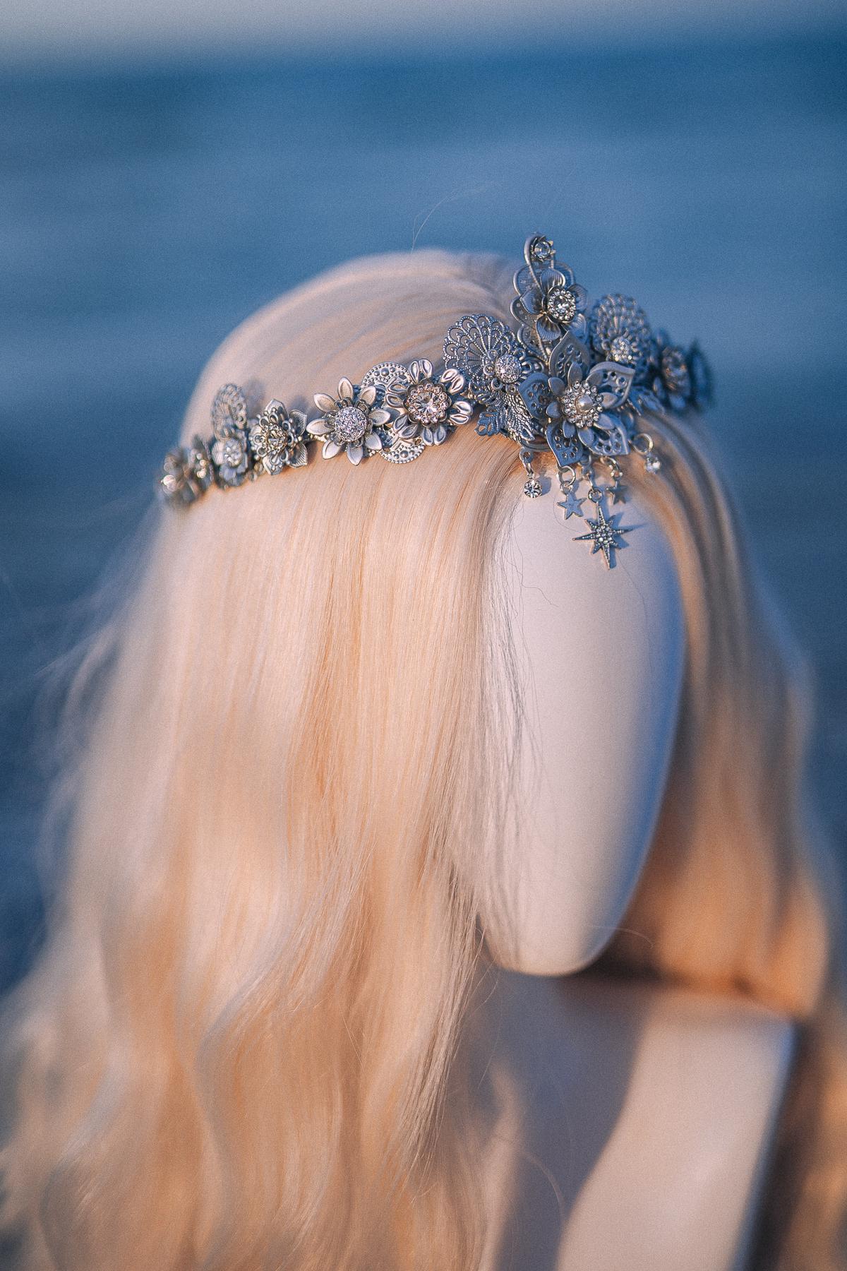 Silver Celestial Bridal Tiara Wedding Crown Star Bride Headpiece