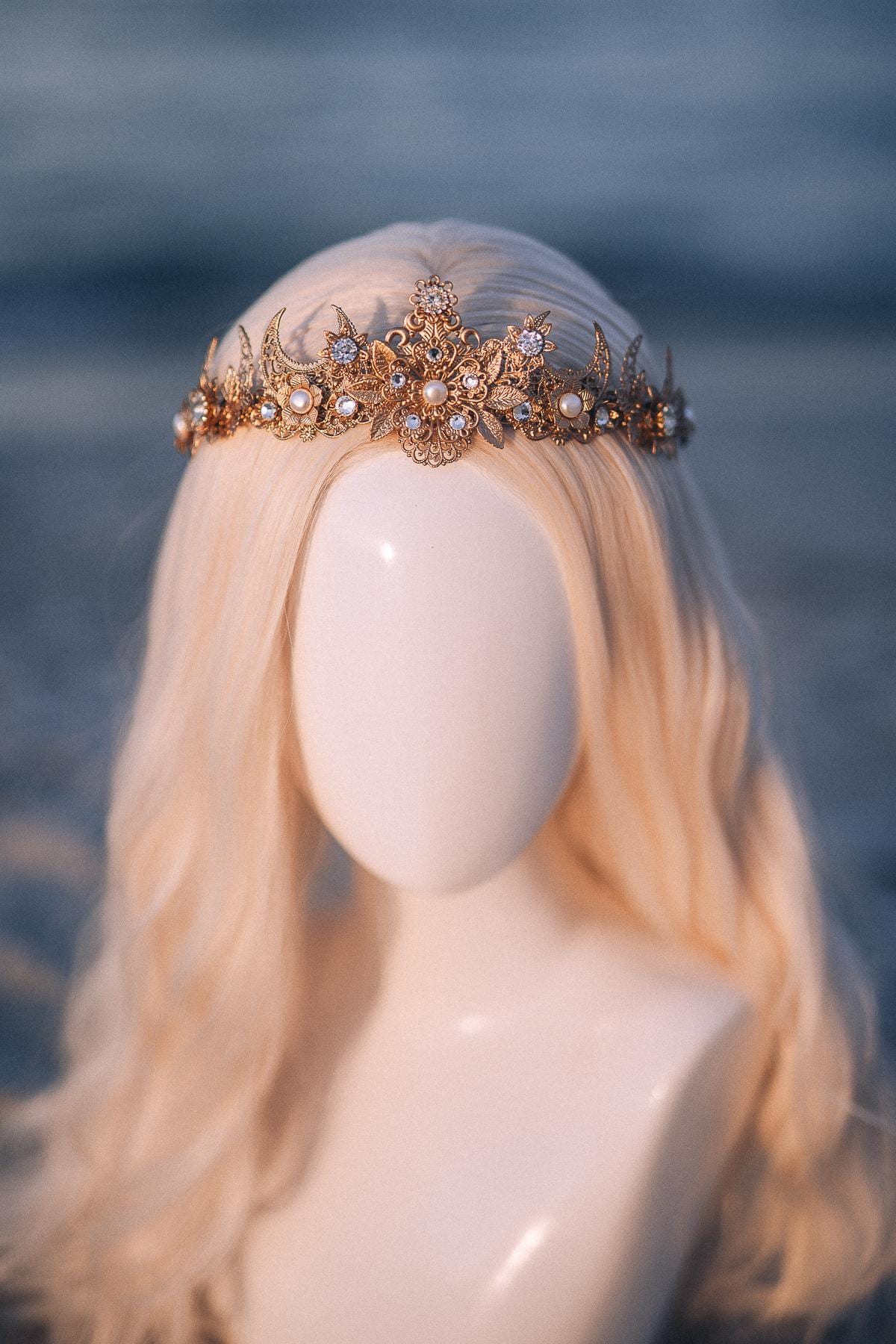 Gold Celestial Bridal Tiara Wedding Crown Moon Bride Headpiece