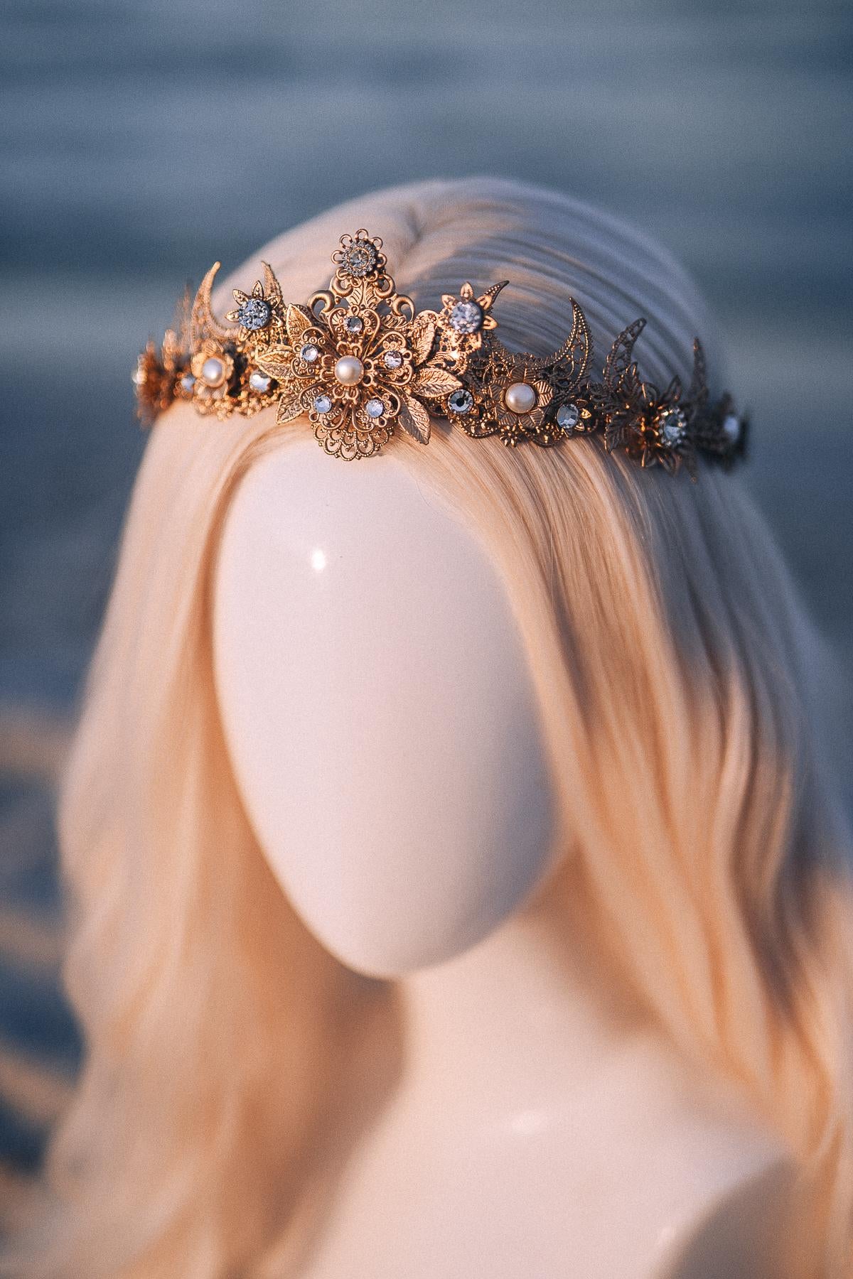 Gold Celestial Bridal Tiara Wedding Crown Moon Bride Headpiece