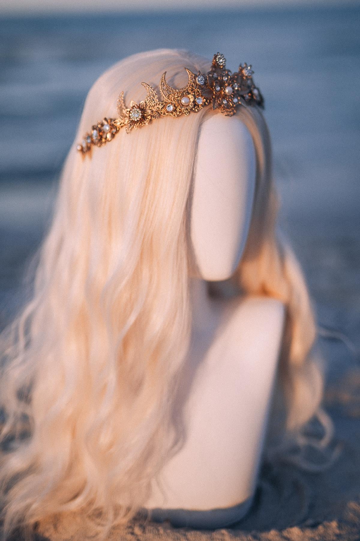 Gold Celestial Bridal Tiara Wedding Crown Moon Bride Headpiece