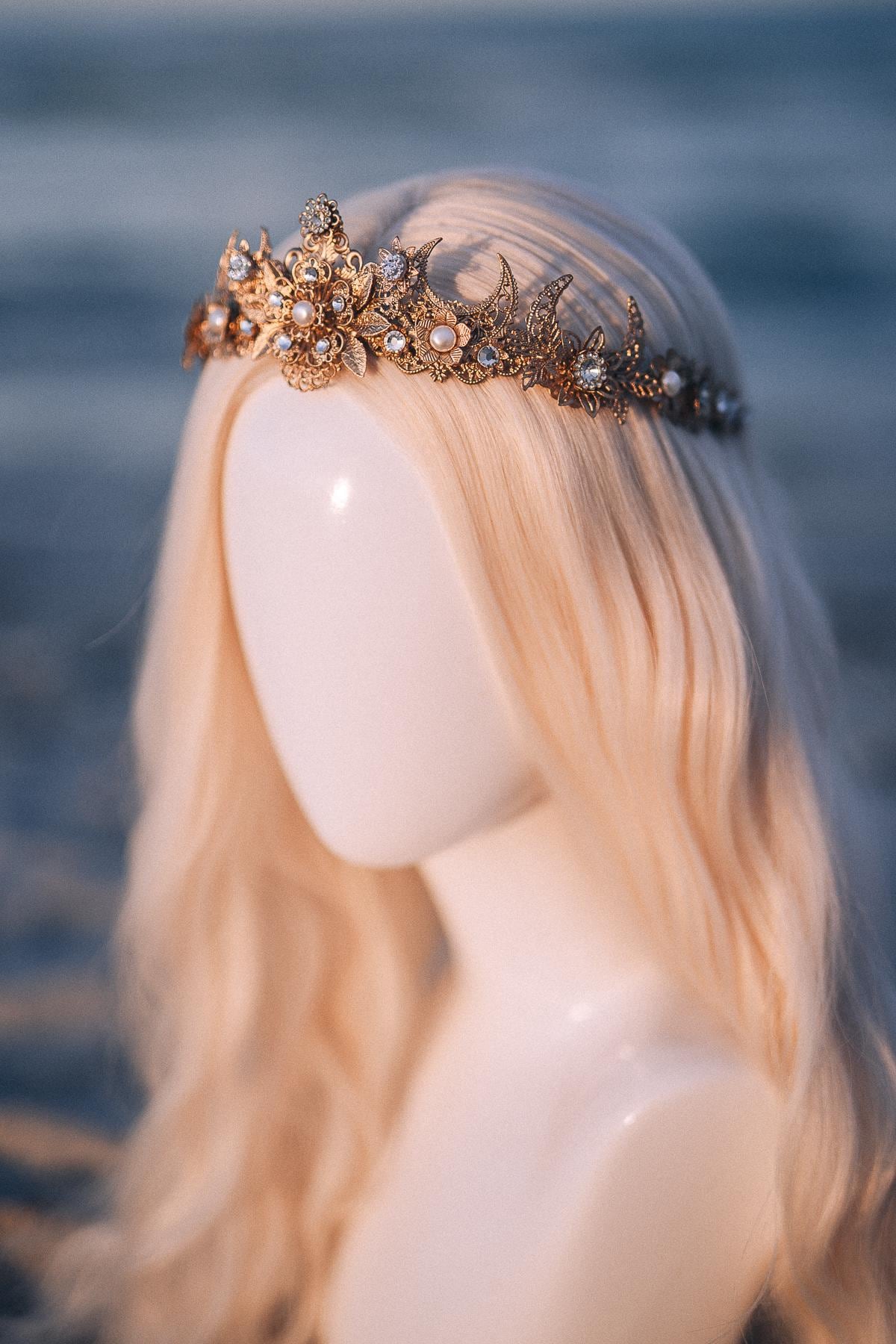 Gold Celestial Bridal Tiara Wedding Crown Moon Bride Headpiece
