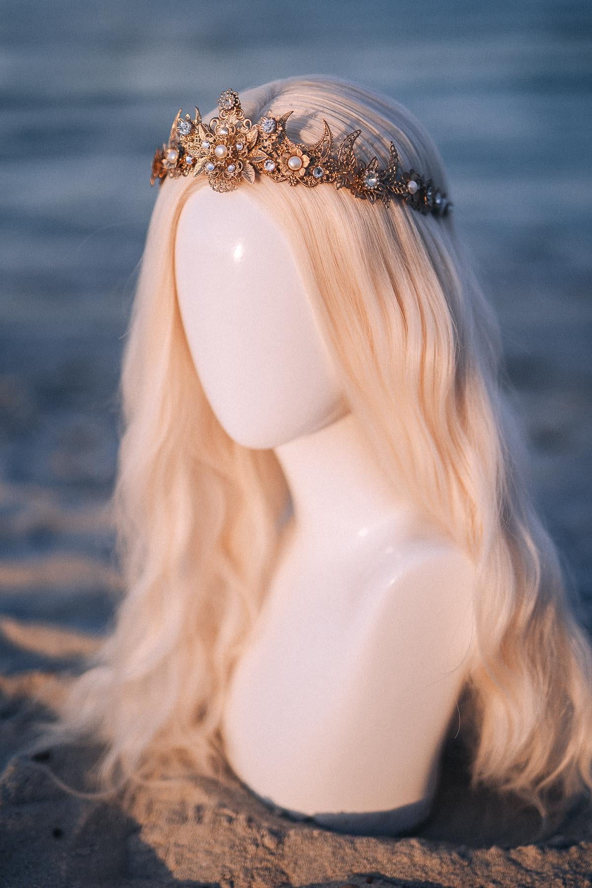 Gold Celestial Bridal Tiara Wedding Crown Moon Bride Headpiece