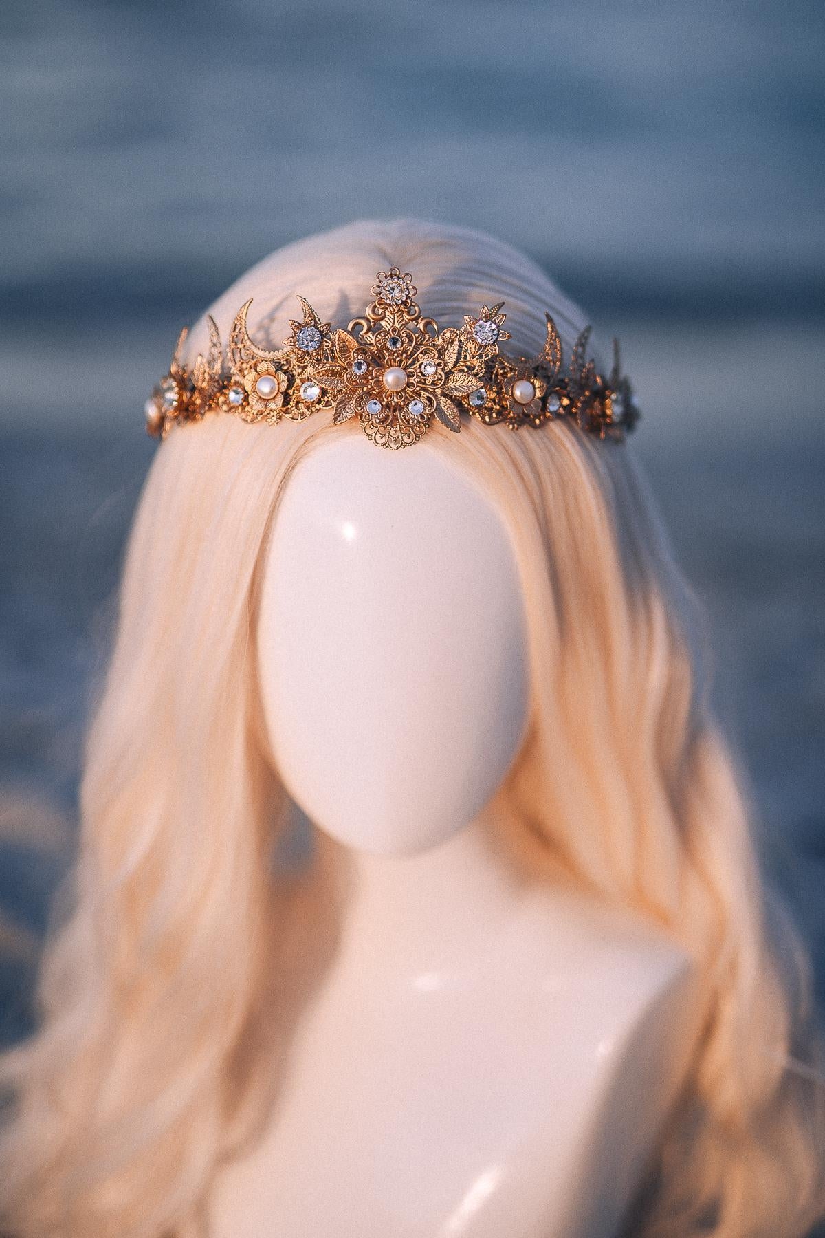 Gold Celestial Bridal Tiara Wedding Crown Moon Bride Headpiece