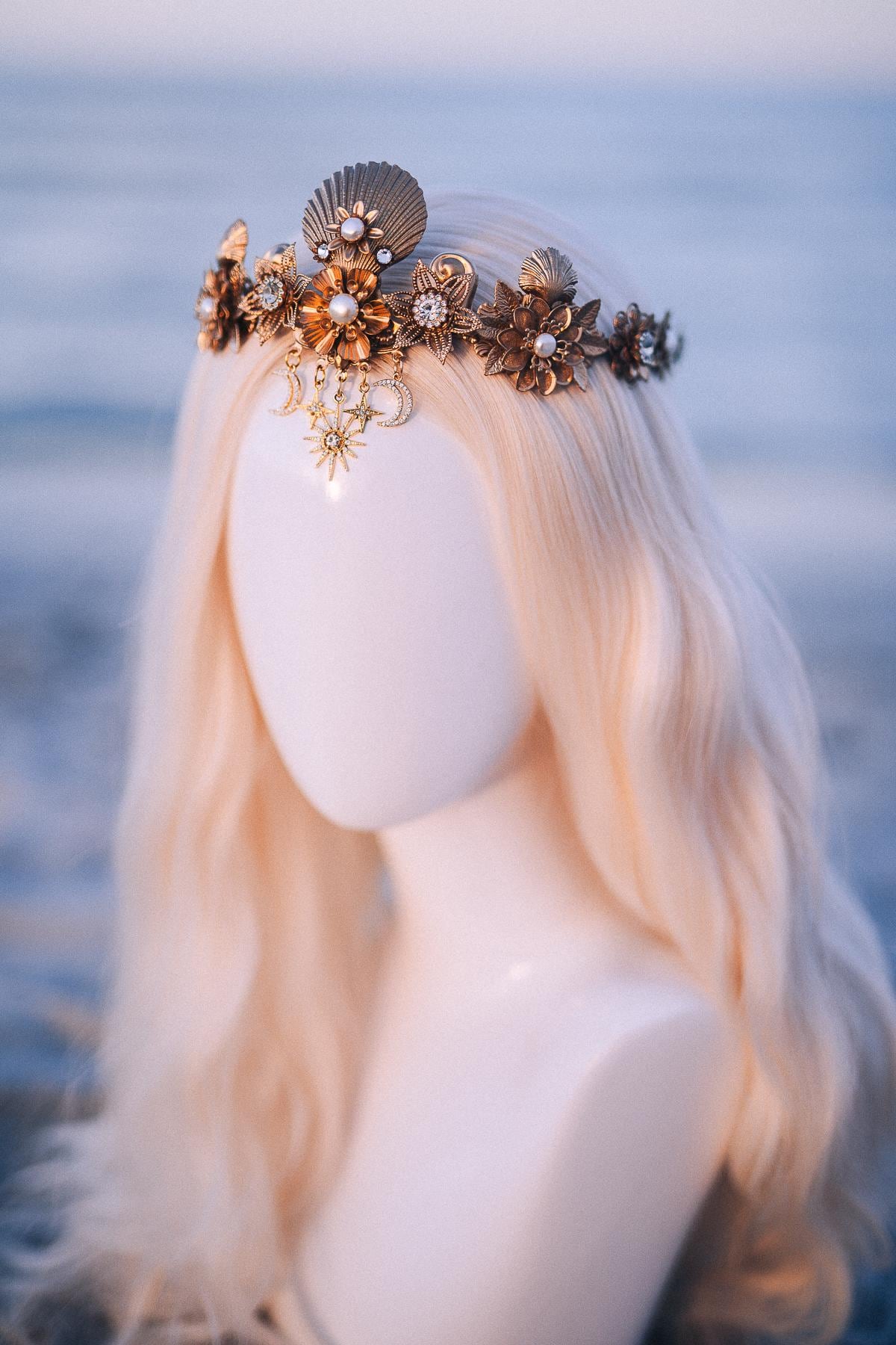 Celestial Seashell Bridal Tiara Gold Wedding Crown Moon Star Headpiece