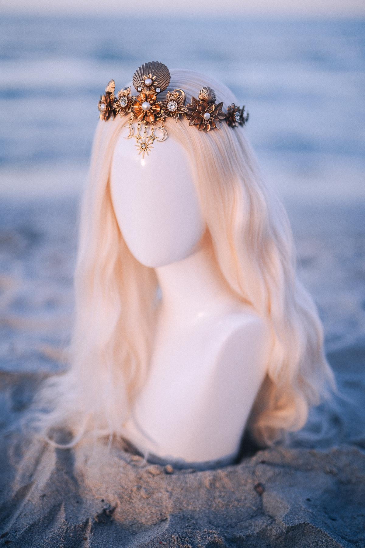 Celestial Seashell Bridal Tiara Gold Wedding Crown Moon Star Headpiece