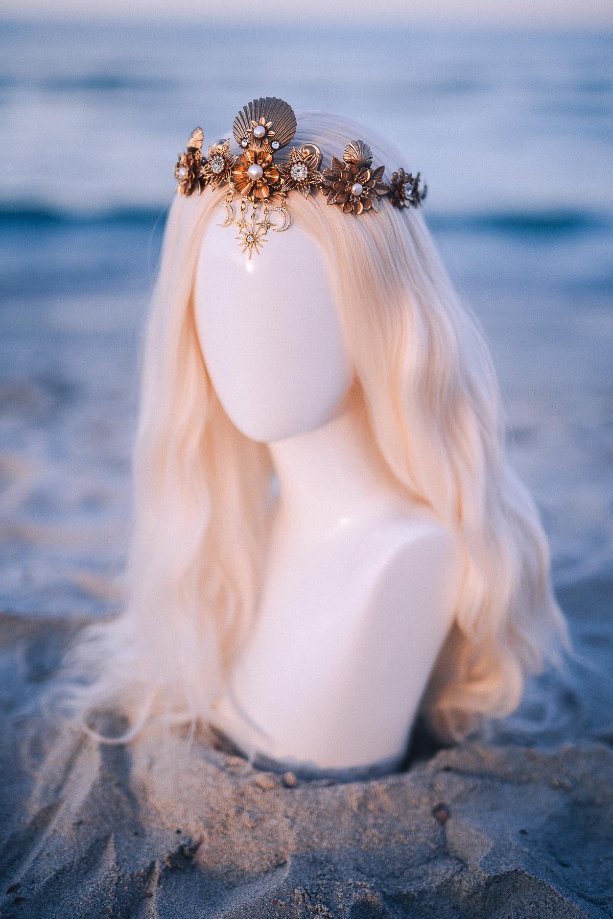 Celestial Seashell Bridal Tiara Gold Wedding Crown Moon Star Headpiece