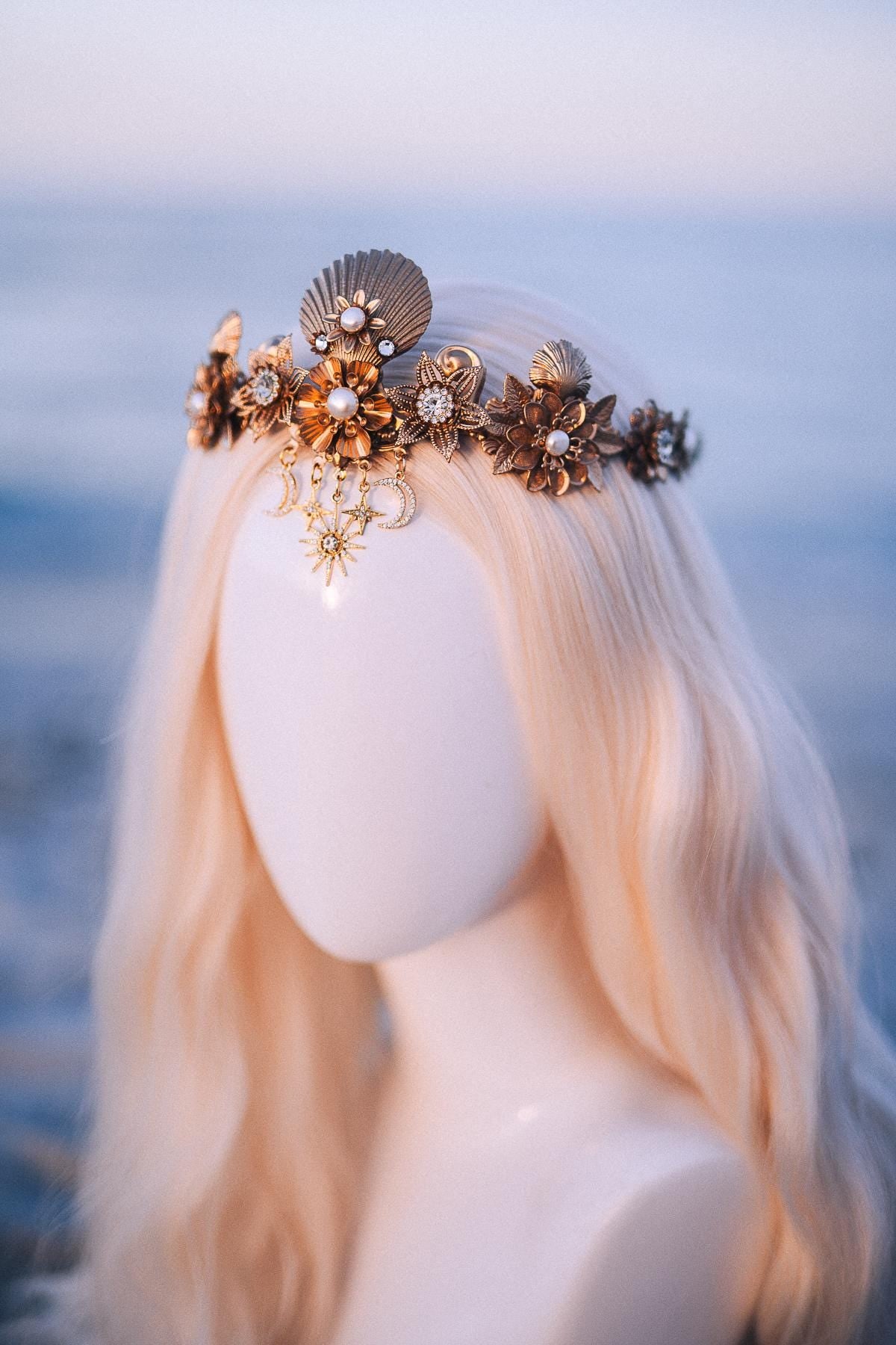 Celestial Seashell Bridal Tiara Gold Wedding Crown Moon Star Headpiece
