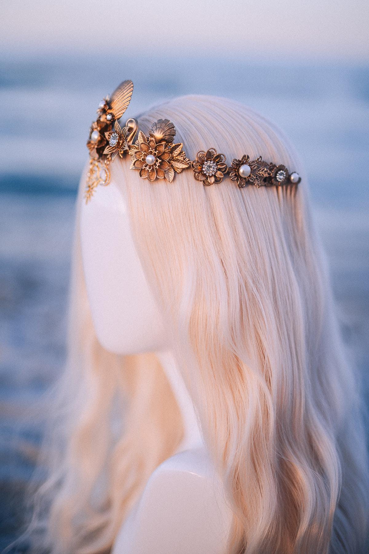 Celestial Seashell Bridal Tiara Gold Wedding Crown Moon Star Headpiece