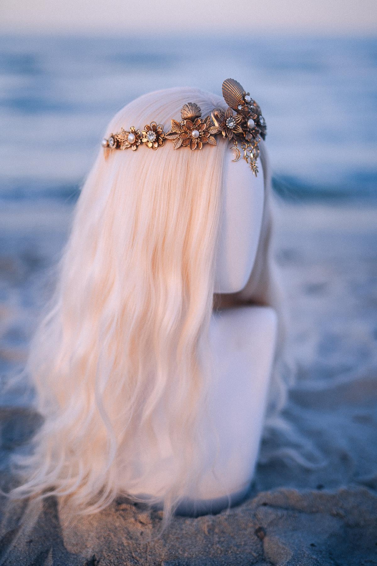 Celestial Seashell Bridal Tiara Gold Wedding Crown Moon Star Headpiece