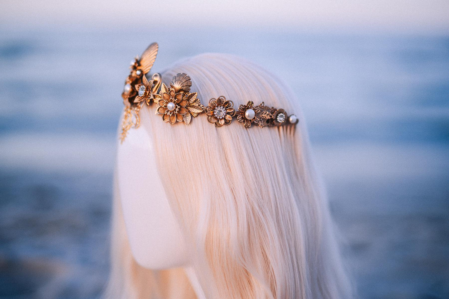 Celestial Seashell Bridal Tiara Gold Wedding Crown Moon Star Headpiece