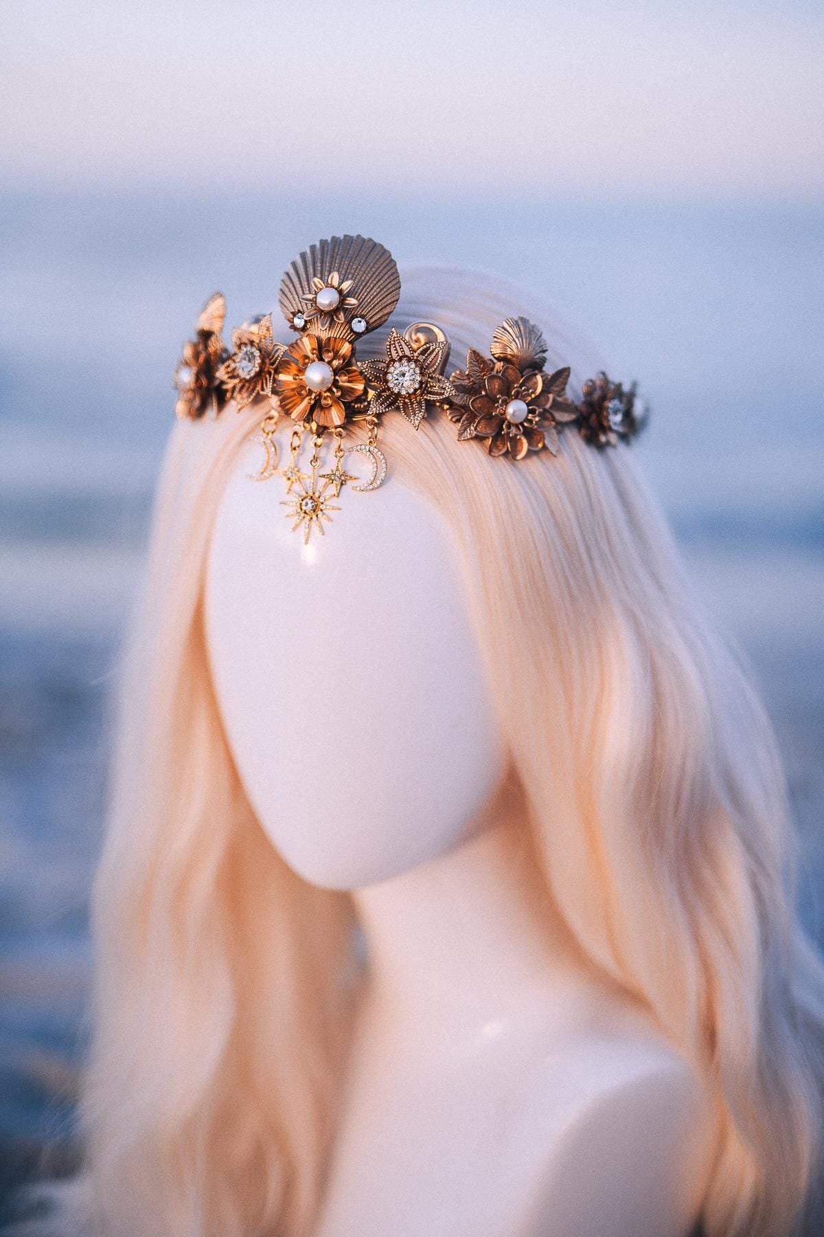Celestial Seashell Bridal Tiara Gold Wedding Crown Moon Star Headpiece