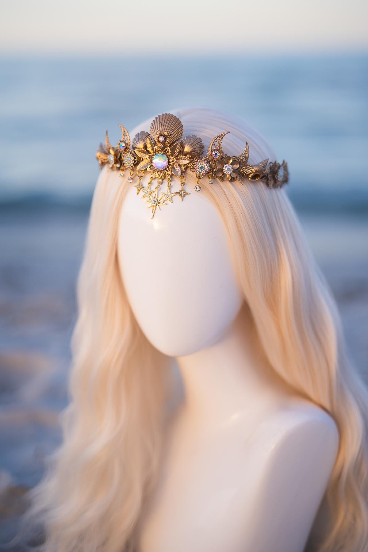 Celestial Moon Bridal Tiara Gold Wedding Crown Star Headpiece Beach Bride