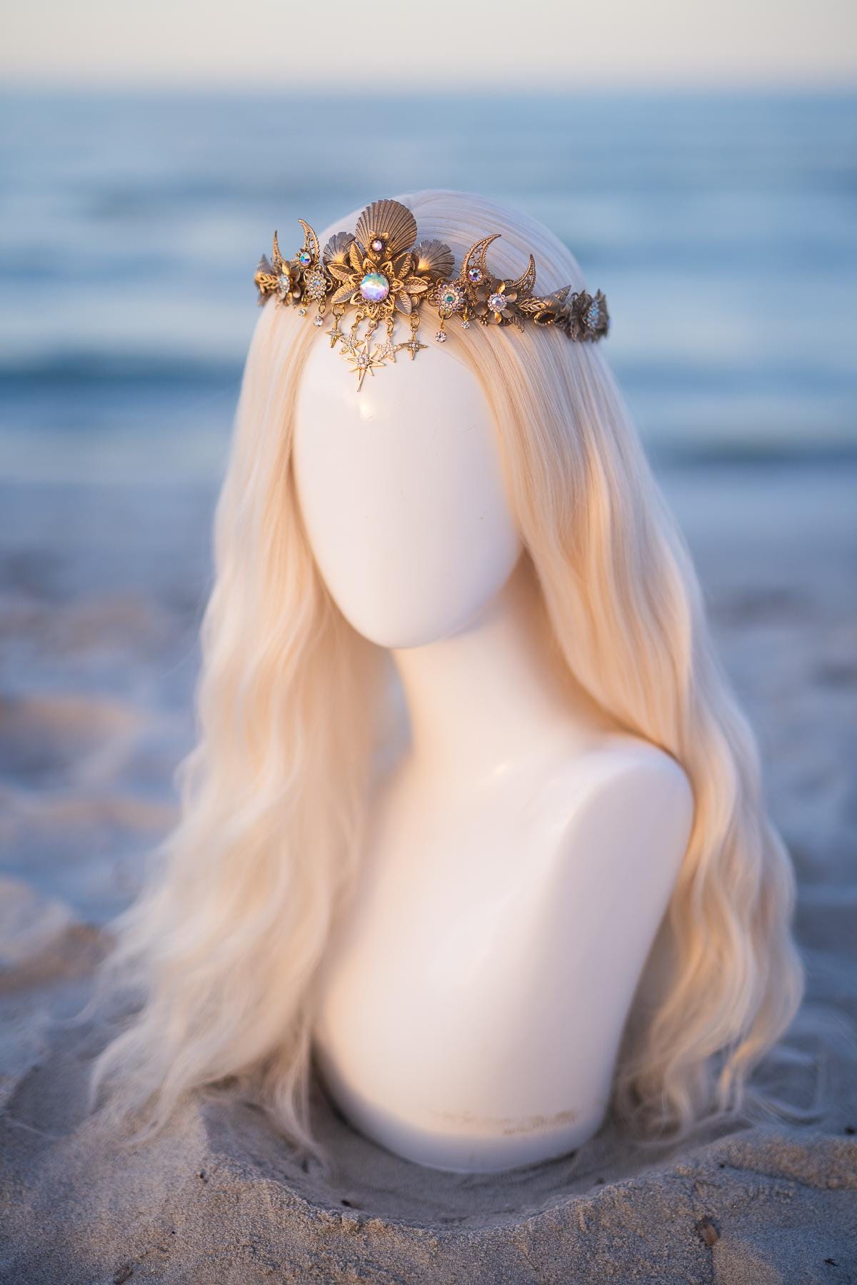 Celestial Moon Bridal Tiara Gold Wedding Crown Star Headpiece Beach Bride