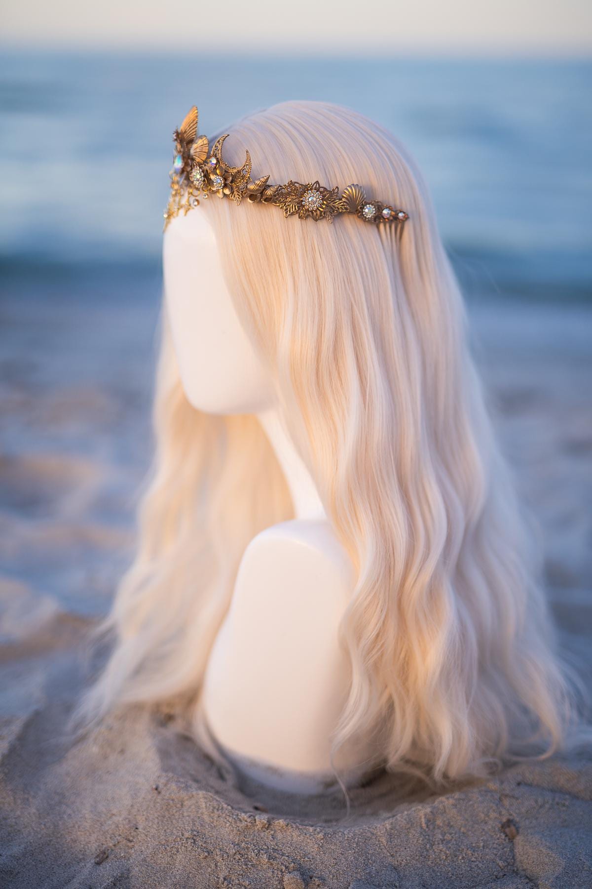 Celestial Moon Bridal Tiara Gold Wedding Crown Star Headpiece Beach Bride