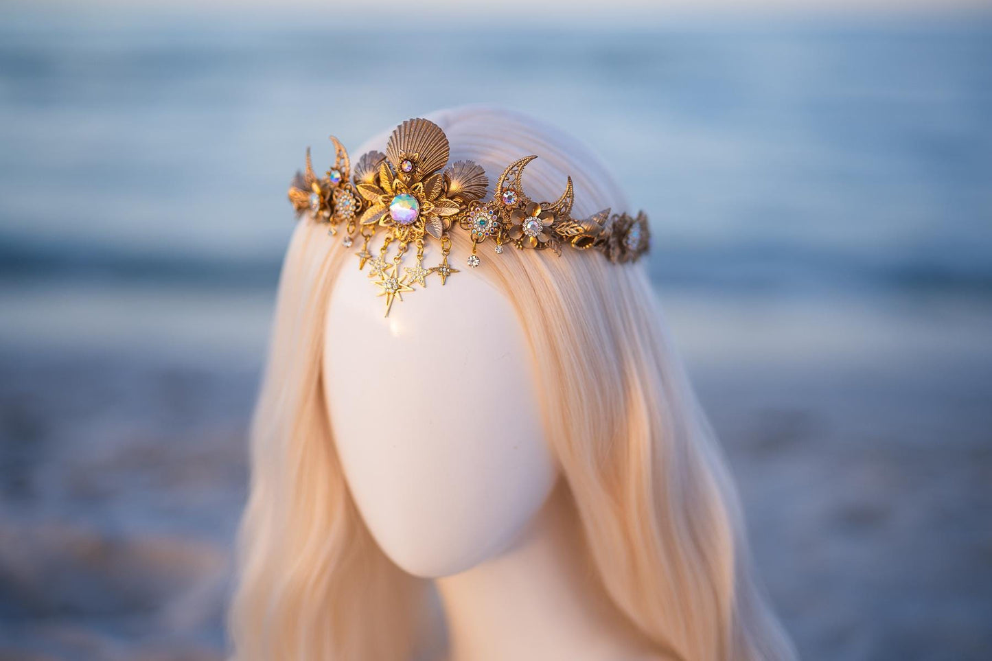 Celestial Moon Bridal Tiara Gold Wedding Crown Star Headpiece Beach Bride