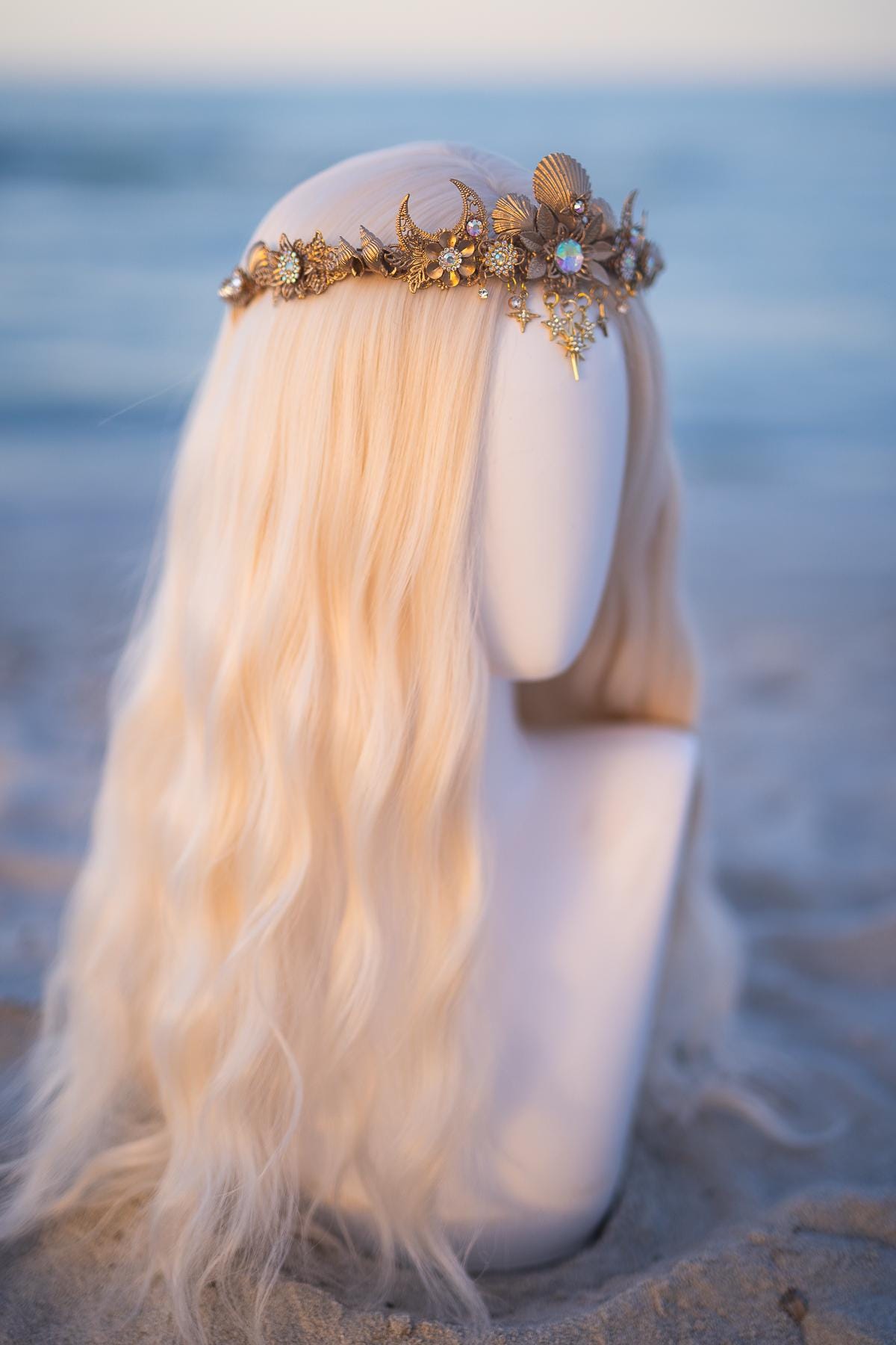 Celestial Moon Bridal Tiara Gold Wedding Crown Star Headpiece Beach Bride