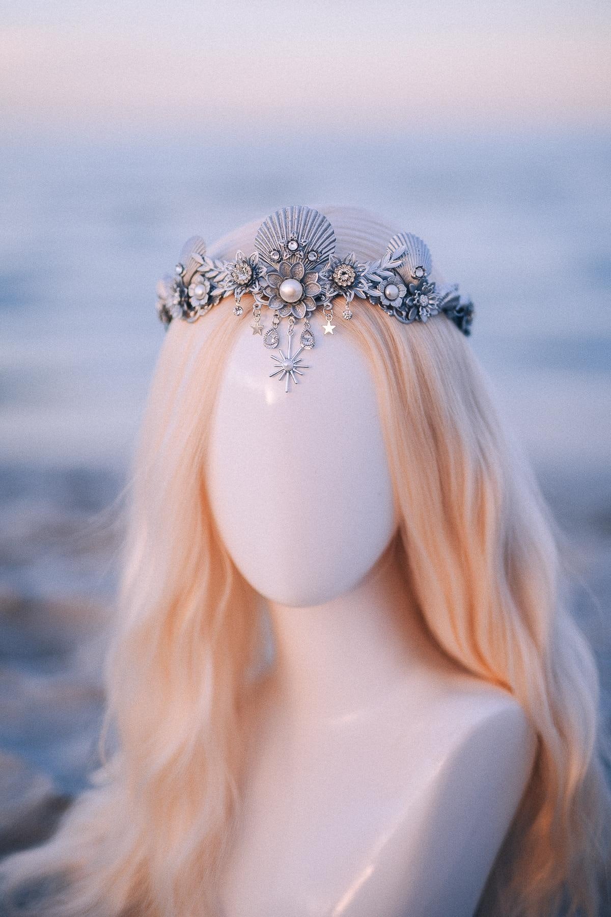 Silver Celestial Seashell Bridal Tiara Beach Wedding Crown Coastal Bride Headpiece