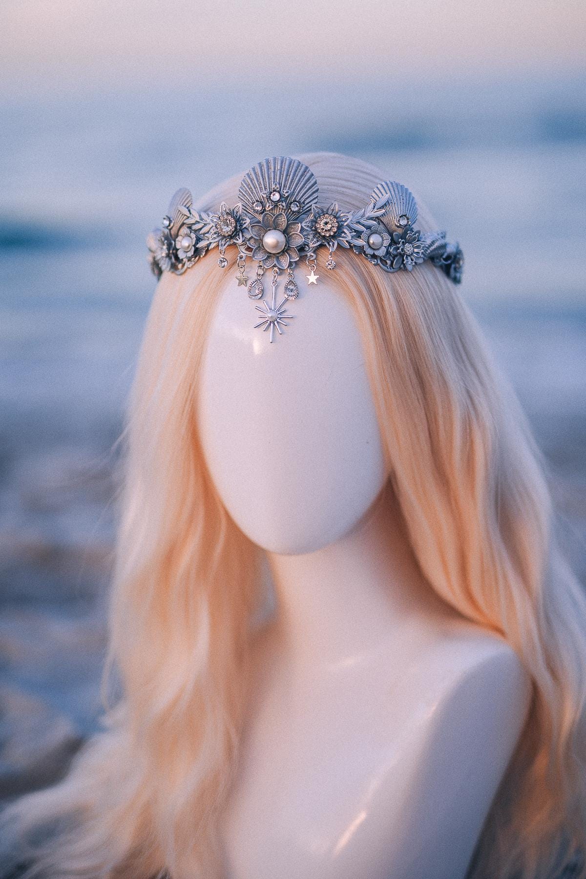 Silver Celestial Seashell Bridal Tiara Beach Wedding Crown Coastal Bride Headpiece