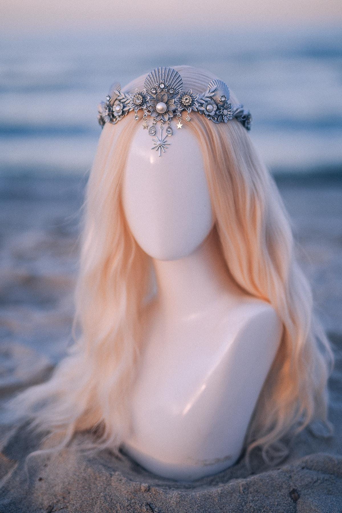Silver Celestial Seashell Bridal Tiara Beach Wedding Crown Coastal Bride Headpiece