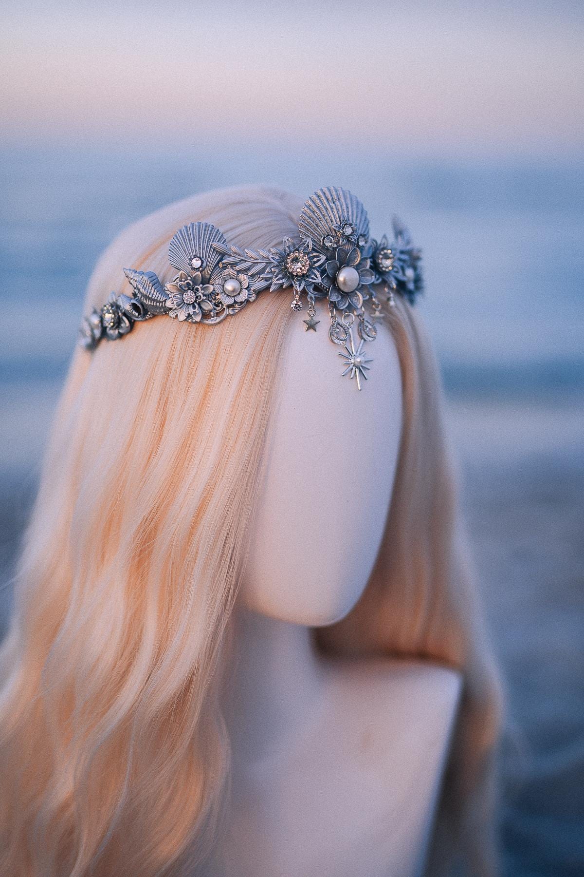 Silver Celestial Seashell Bridal Tiara Beach Wedding Crown Coastal Bride Headpiece