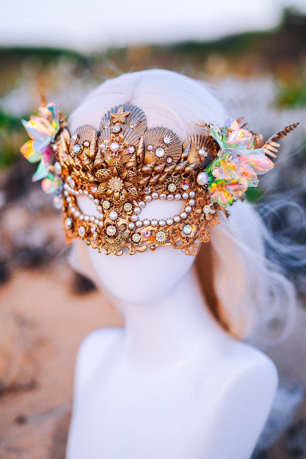 Mermaid Masquerade Mask Ocean Goddess Mask Pearl Shell Mask Fantasy Carnival Mask Venetian Costume Mask