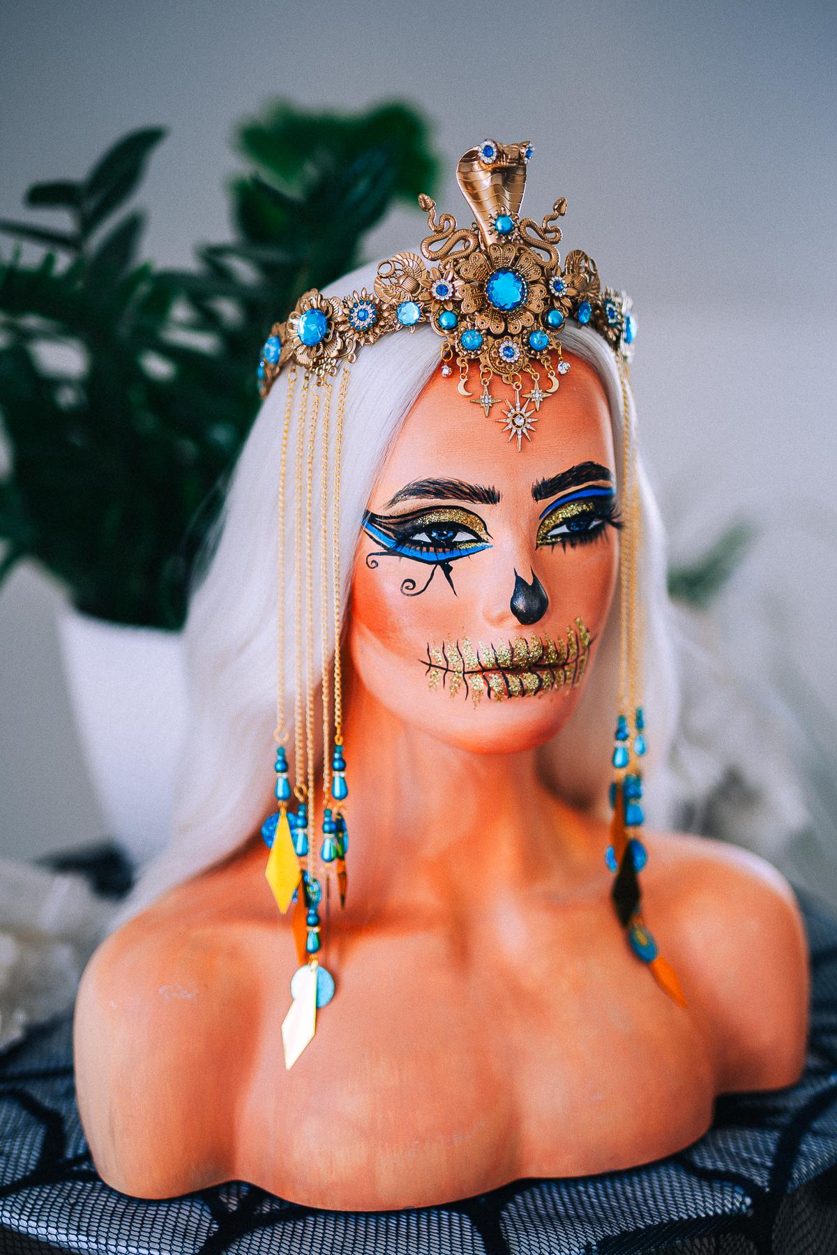 Luxury Cleopatra Cobra Crown – Egyptian Goddess Tiara, Turquoise Gold Headpiece, Pharaoh Crown, Festival & Halloween Costume