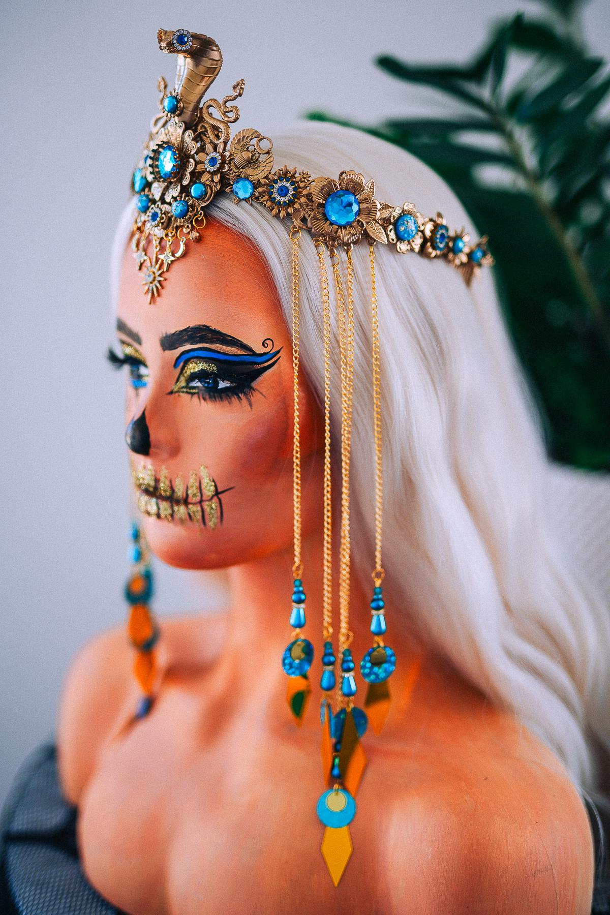 Luxury Cleopatra Cobra Crown – Egyptian Goddess Tiara, Turquoise Gold Headpiece, Pharaoh Crown, Festival & Halloween Costume