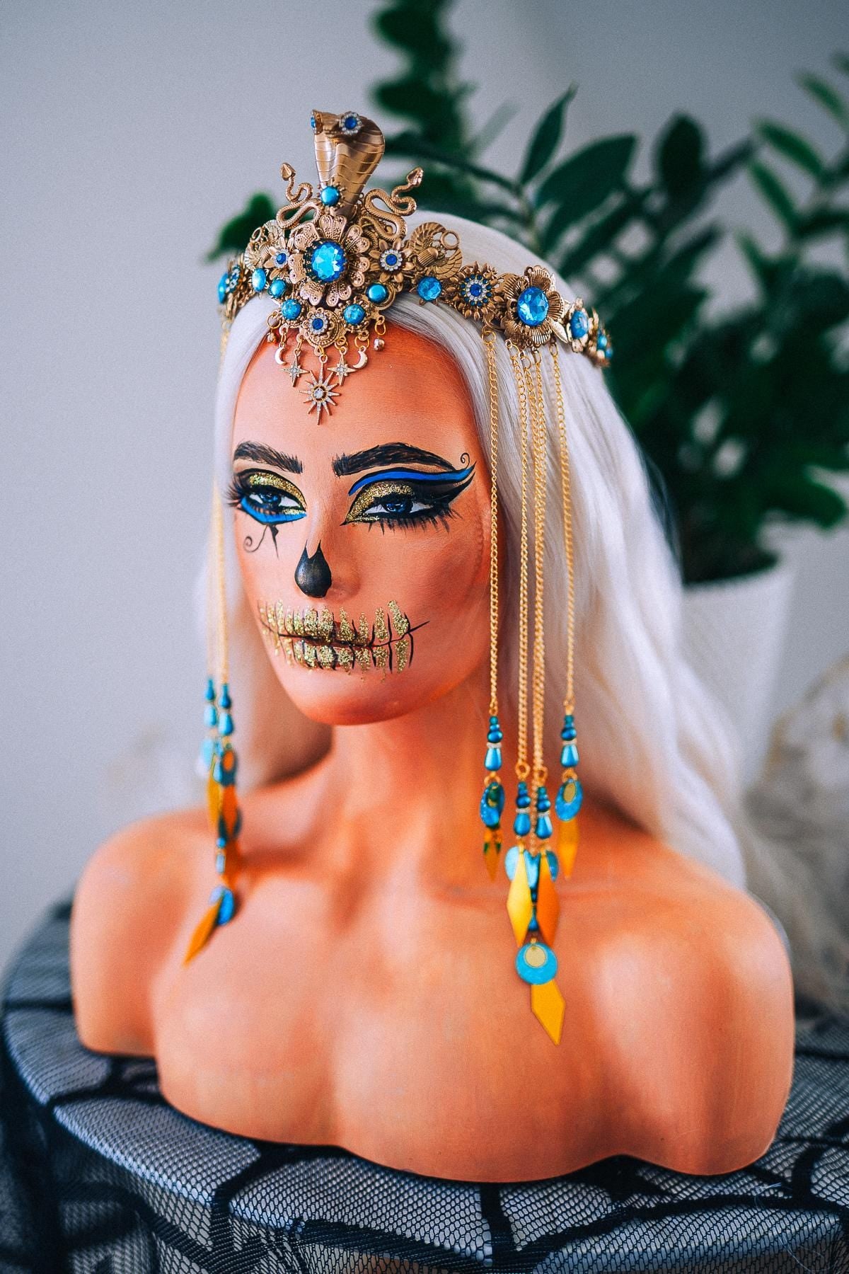 Luxury Cleopatra Cobra Crown – Egyptian Goddess Tiara, Turquoise Gold Headpiece, Pharaoh Crown, Festival & Halloween Costume