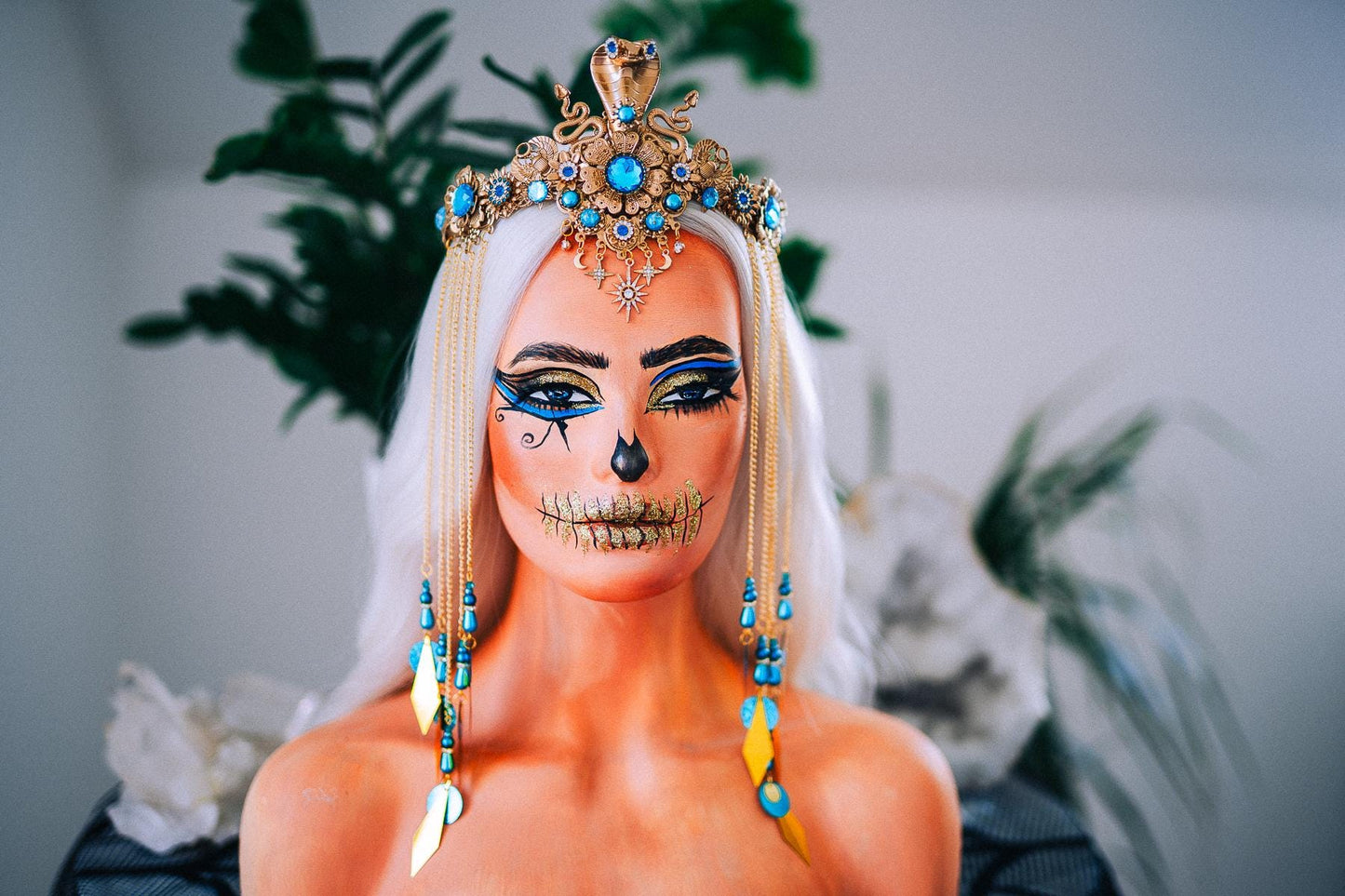Luxury Cleopatra Cobra Crown – Egyptian Goddess Tiara, Turquoise Gold Headpiece, Pharaoh Crown, Festival & Halloween Costume