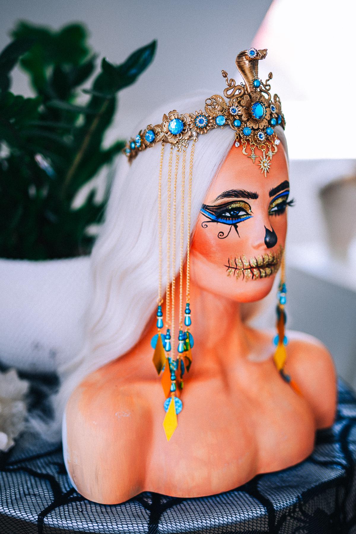 Luxury Cleopatra Cobra Crown – Egyptian Goddess Tiara, Turquoise Gold Headpiece, Pharaoh Crown, Festival & Halloween Costume