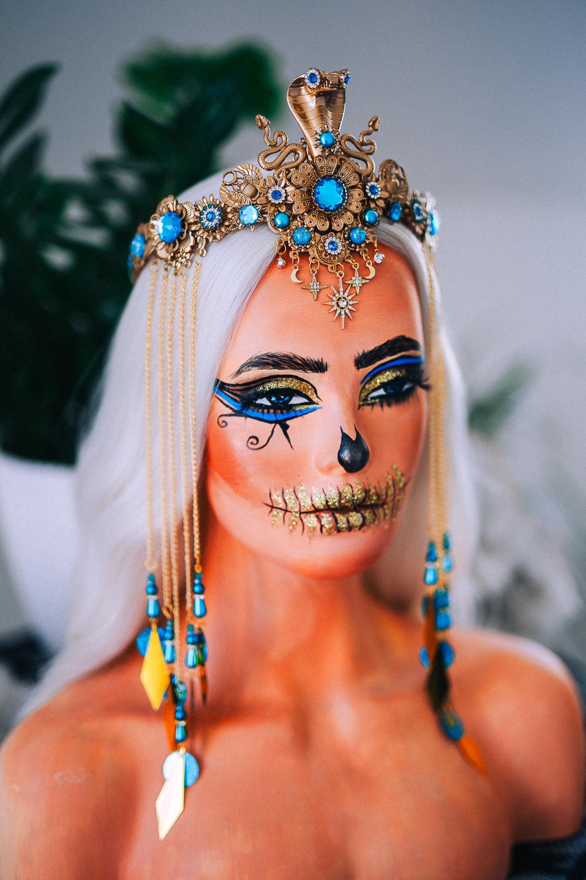 Luxury Cleopatra Cobra Crown – Egyptian Goddess Tiara, Turquoise Gold Headpiece, Pharaoh Crown, Festival & Halloween Costume