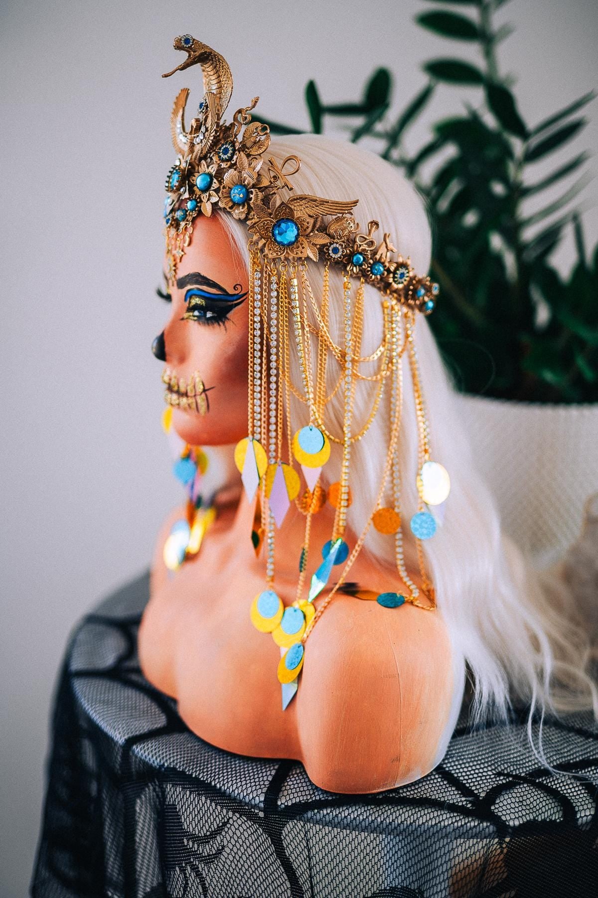 Luxury Cleopatra Cobra Crown – Egyptian Queen Tiara, Gold Turquoise Headpiece, Ancient Egypt Goddess Crown, Couture Headpiece