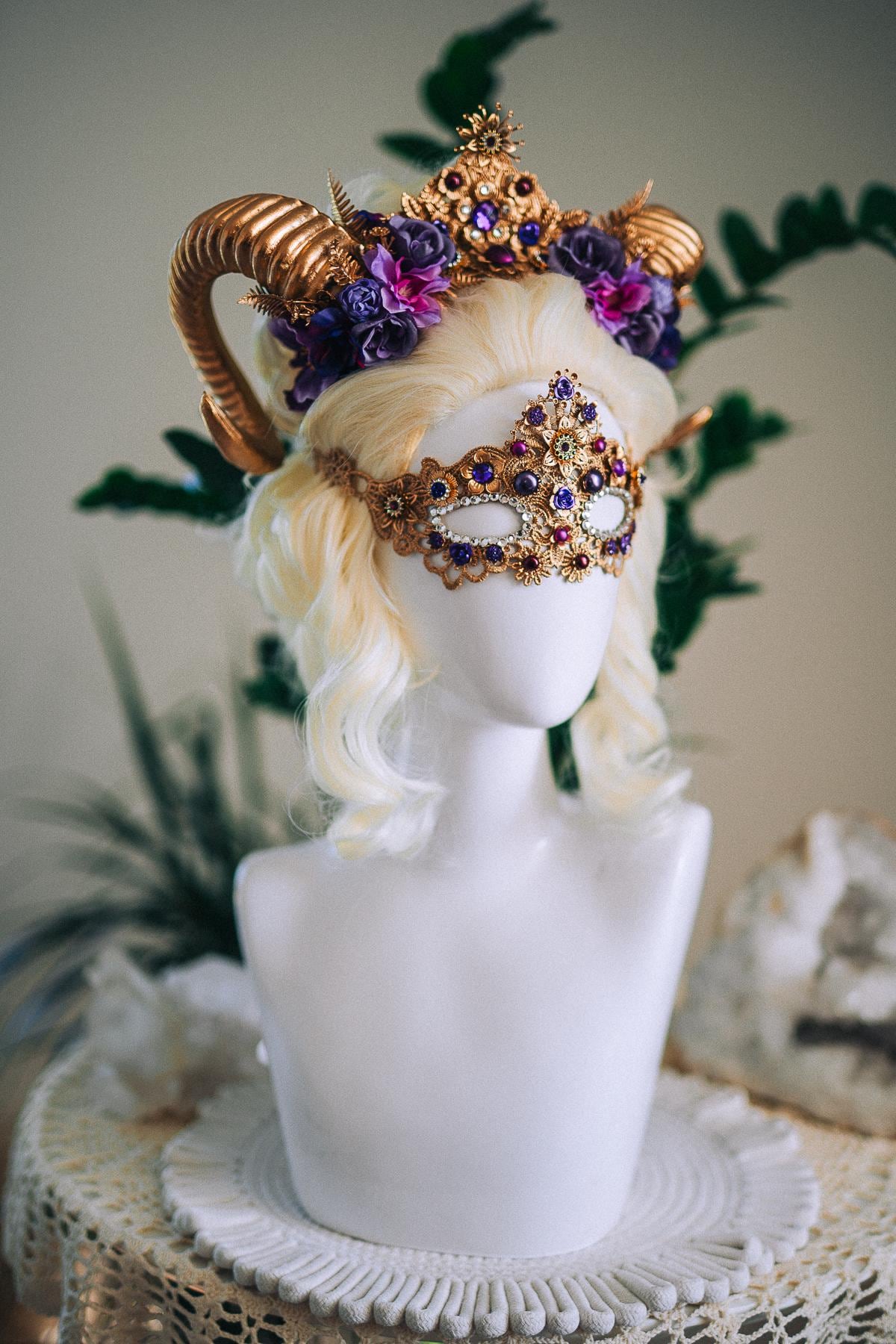 Aries Ram Crown, Fantasy Goddess Crown, Zodiac Headpiece, Horn Crown, Purple Gold Crown, Masquerade Crown, Renaissance Headpiece
