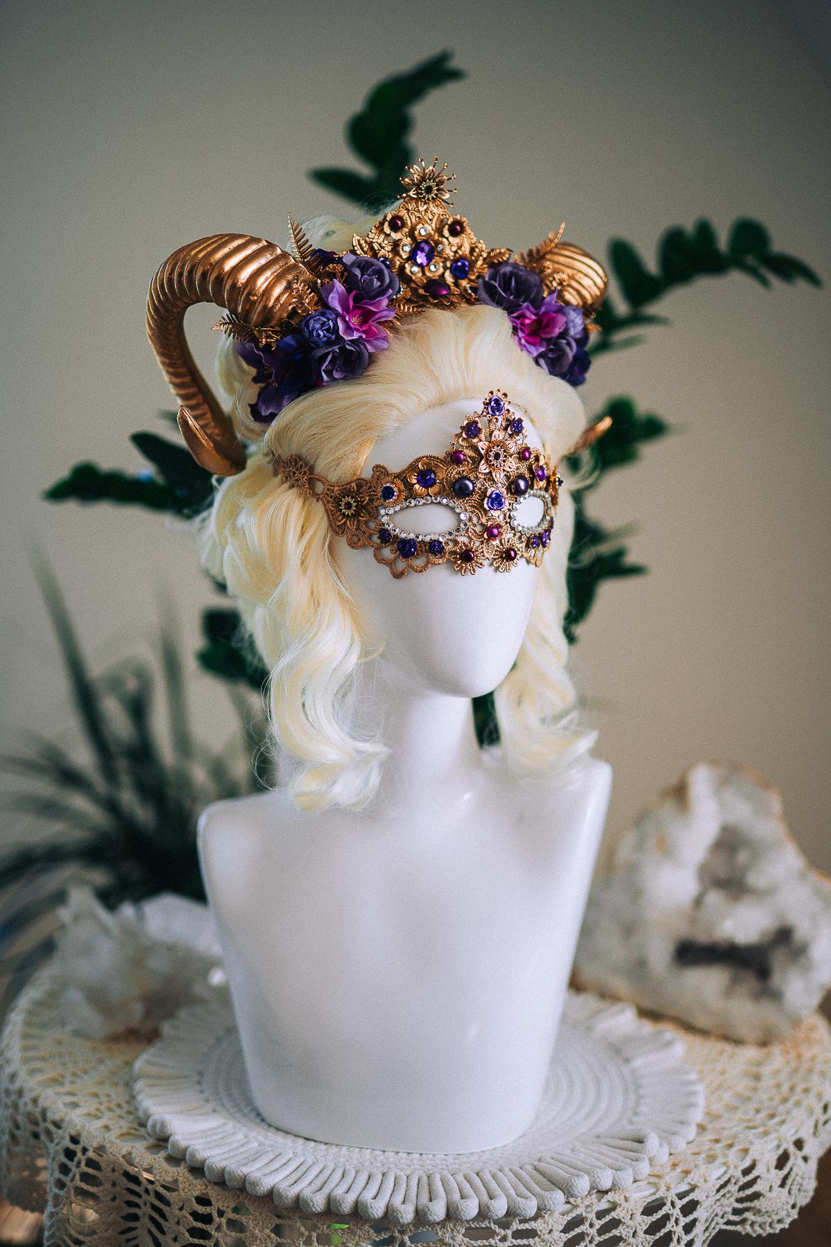 Aries Ram Crown, Fantasy Goddess Crown, Zodiac Headpiece, Horn Crown, Purple Gold Crown, Masquerade Crown, Renaissance Headpiece